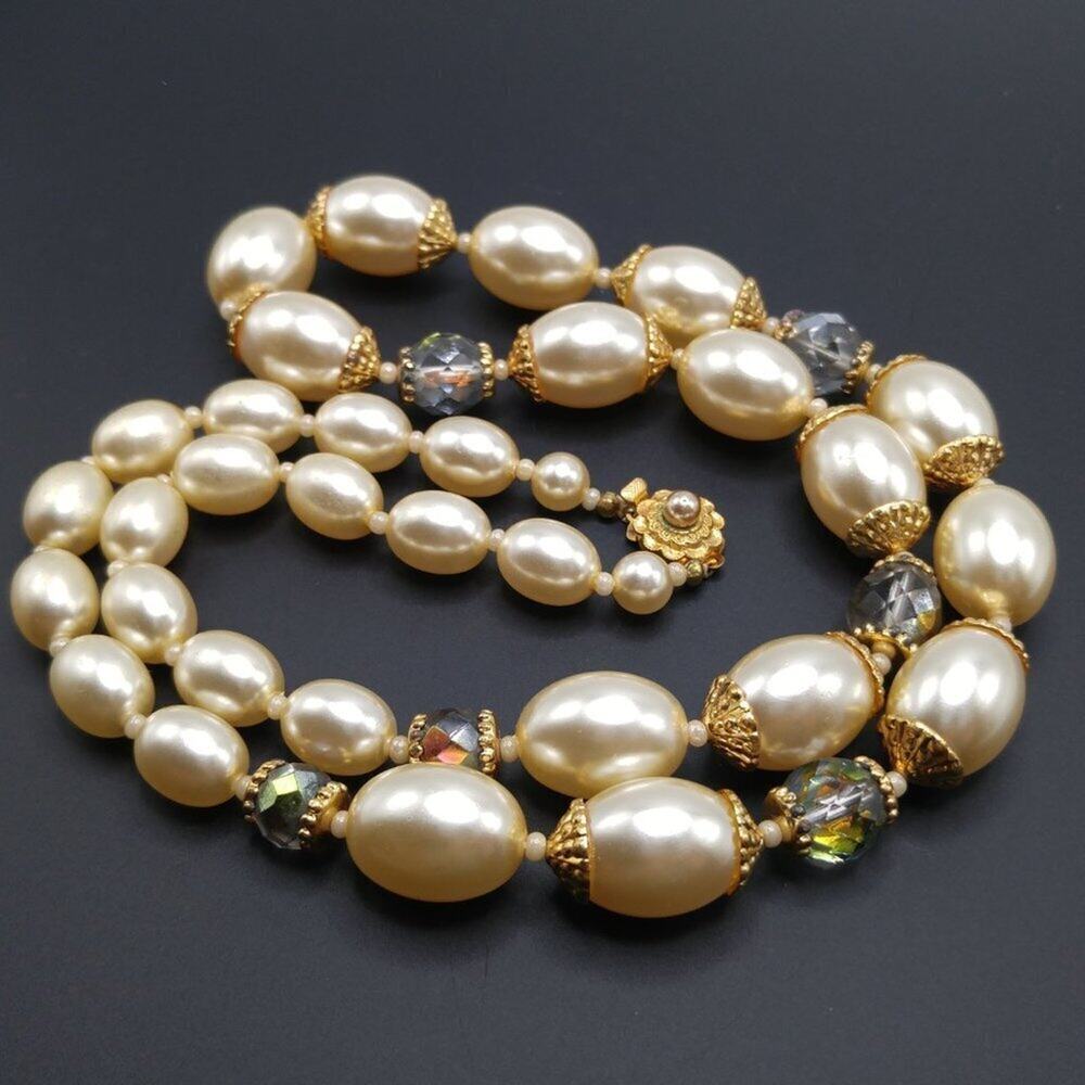 Vintage Faux Pearl Czech Bead Necklace, Gold Tone Box Clasp Faux Pearl, 28 Inch